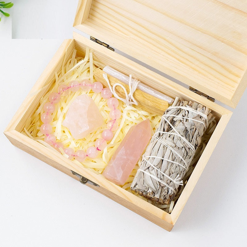 Natural Crystal Amethyst Wooden Box Set Gift Box