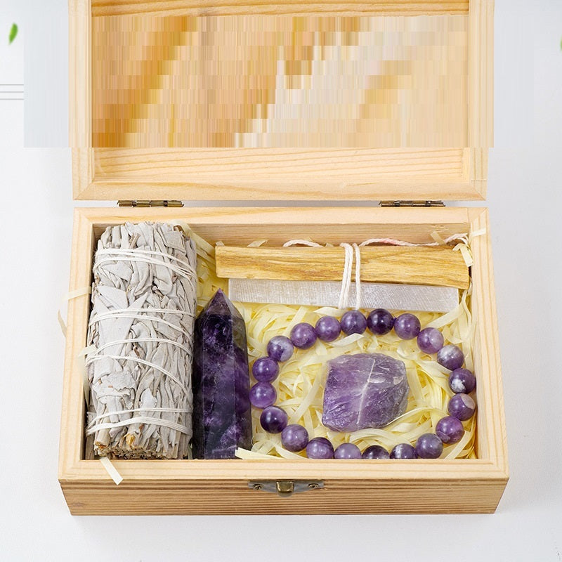 Natural Crystal Amethyst Wooden Box Set Gift Box